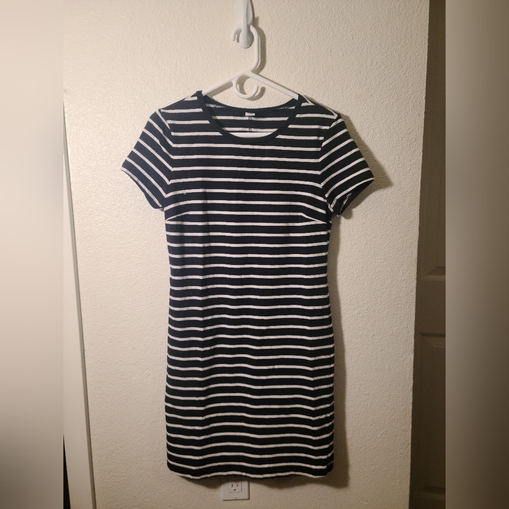 A striped, black and white, bodycon dress